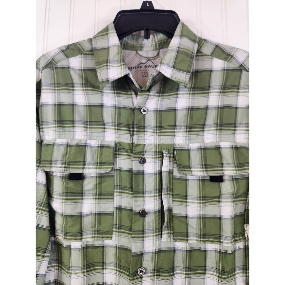 Eddie Bauer Mens Green Plaid Nylon Hiking Shirt Roll Tab Long Sleeve Vent Size M - Picture 3 of 11